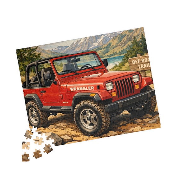 Red 1989 Jeep Wrangler Off-Road Scene Puzzle