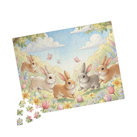 Bunny Meadow Jigsaw Puzzle – Pastel Rabbits, Tulips, Butterflies (110/252/520 Pieces)
