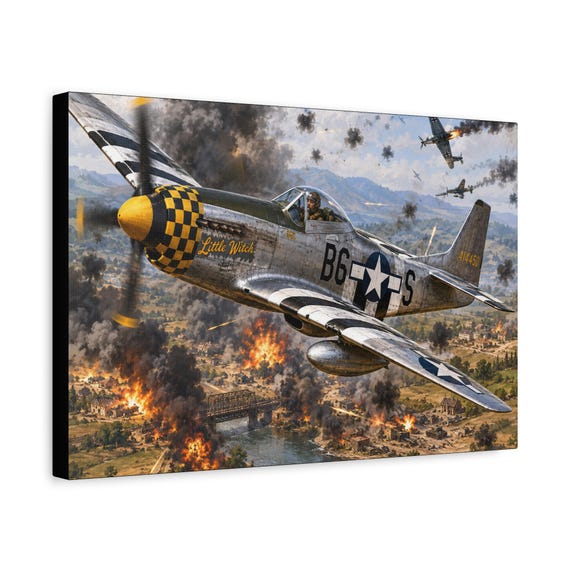 WWII P-51 Mustang Canvas Print, Matte Fighter Plane Wall Art in 3 Sizes