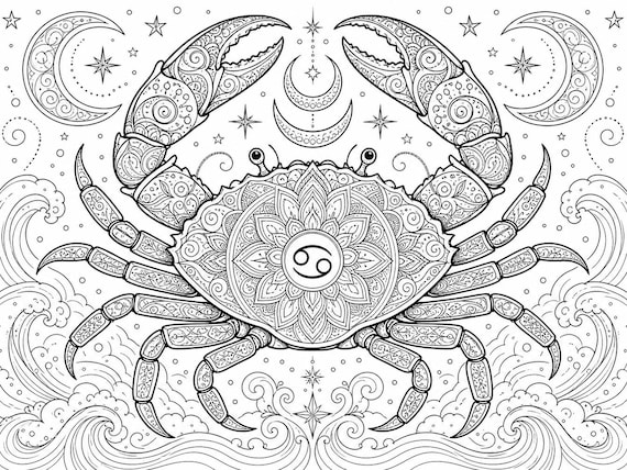 Cancer Zodiac Coloring Page - Astrology Printable PDF Instant Download for Adults & Teens, 8.5x11 Landscape