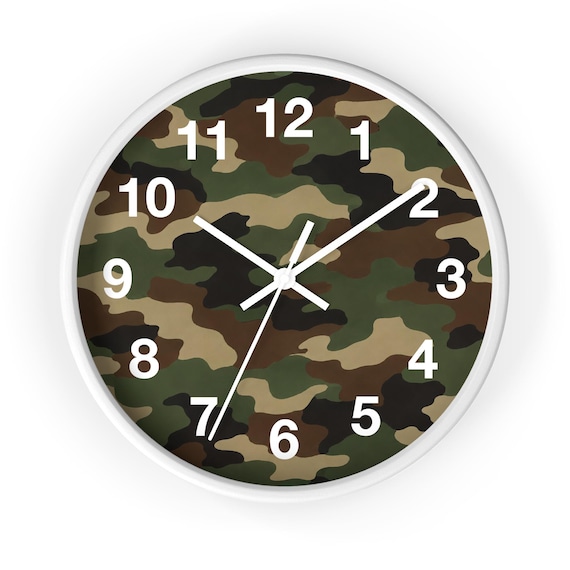 Camo Pattern Wall Clock - Military Camouflage Decor for Boys Room, Man Cave, Hunting Lodge