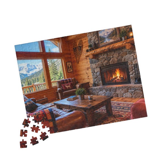Cozy Mountain Cabin Fireplace Jigsaw Puzzle – Rustic Winter Scene (110/252/520 Pieces)