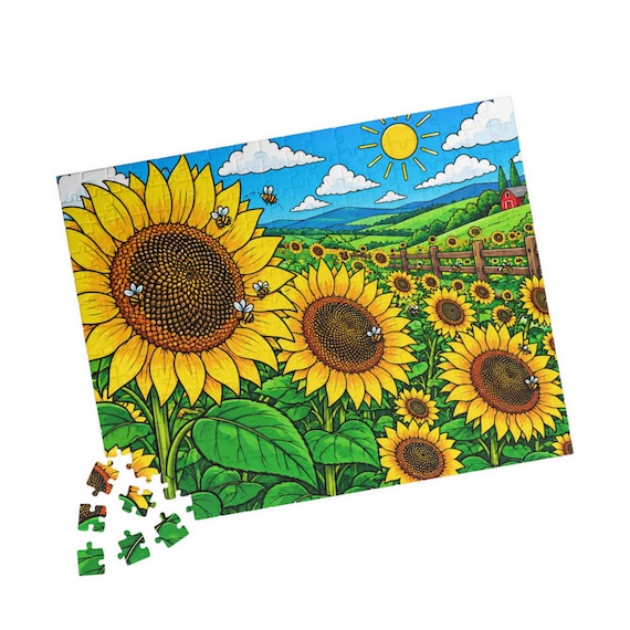 Sunflower Field Jigsaw Puzzle - Scenic Farmhouse Nature Art, 252/520/Pieces, Family Fun Gift