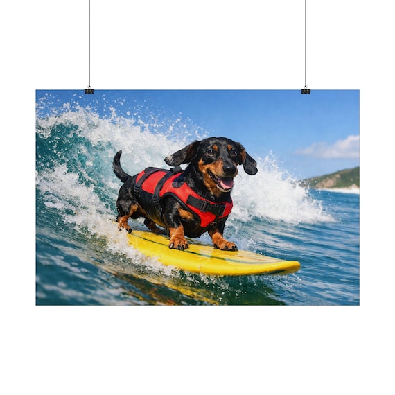 Surfing Dachshund Poster | Dog Riding Wave Beach Art Print for Coastal Wall Decor