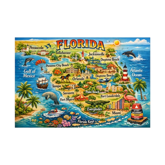 Florida Illustrated Map Poster | Rolled Poster, State Travel Wall Art