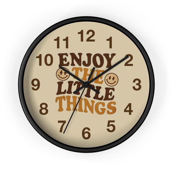 Enjoy the Little Things Wall Clock | Retro Smiley Face Typography Beige Brown Vintage Home Decor