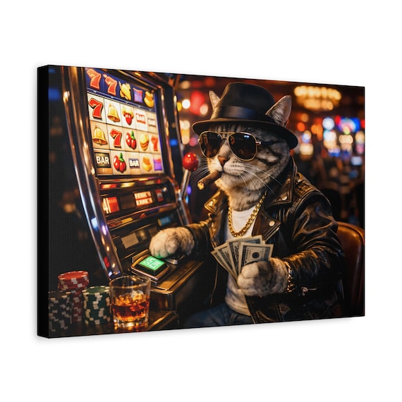 Gambling Cat Canvas Print | Leather Jacket, Sunglasses, Casino Wall Art