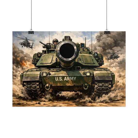 U.S. Army Tank Poster | Rolled Military Tank Wall Art, Helicopter Scene
