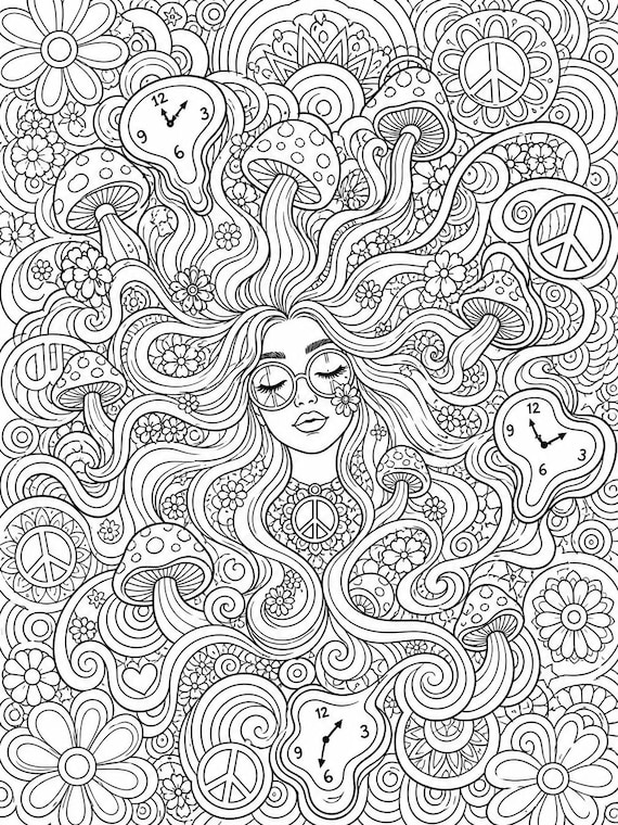 Retro Psychedelic Woman Coloring Page - Vintage Portrait Printable Adult PDF Instant Digital Download 8.5x11