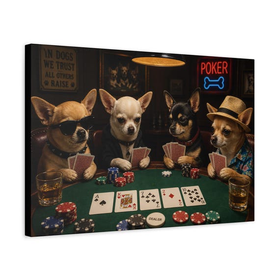 Chihuahua Poker Night Canvas Print | Funny Dogs Playing Cards Bar Decor