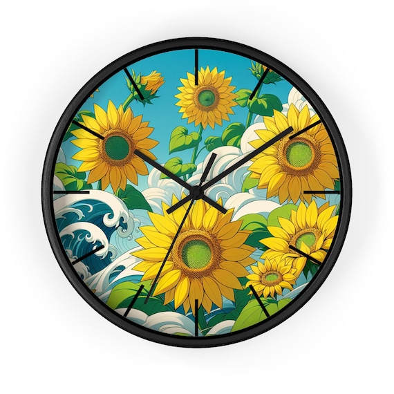 Vintage Sunflower Waves Wall Clock: Boho Chic Home Decor, Unique Gift for Garden & Nature Lovers