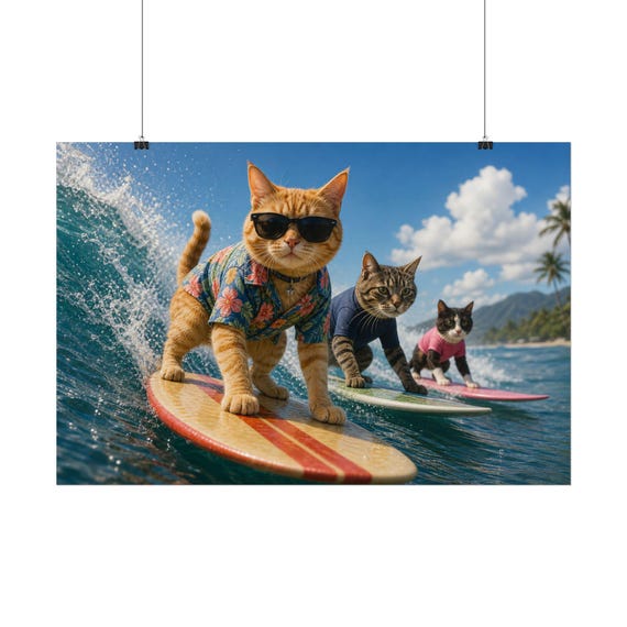 Surfing Cats Poster with Sunglasses, Funny Beach Waves Summer Wall Art (Rolled Poster)