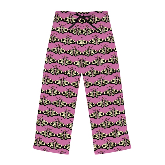 Feminine Moth Print Lounge Pants: Cozy Pink Sleepwear for Women - Stylish Pajama Bottoms Gift