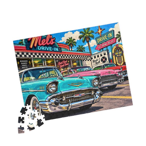 Retro Car Puzzle, 1950s Drive-In Diner Scene in 110, 252, or 520 Pieces