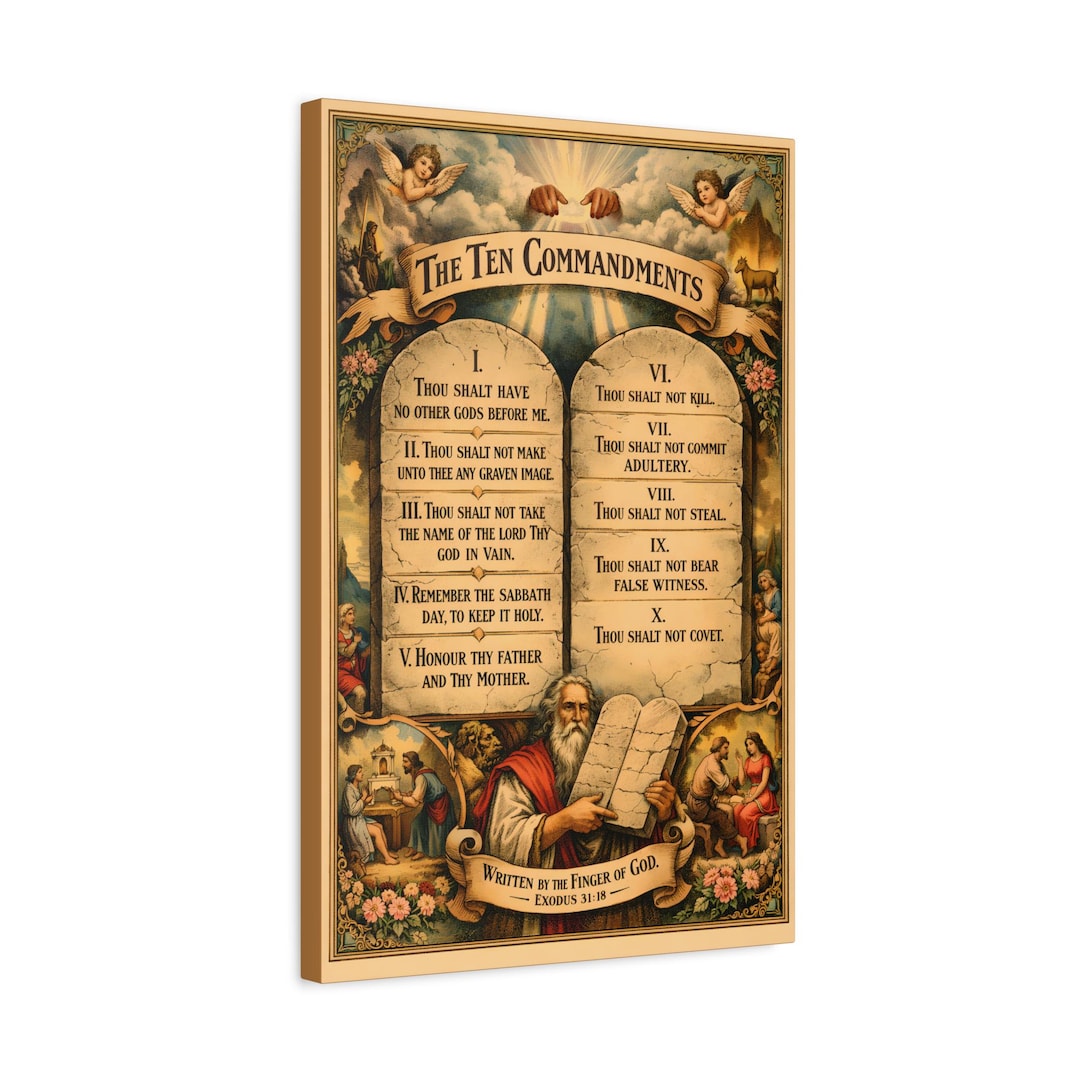 Ten Commandments Fancy Vintage Ten Commandments Canvas Print, Religious Wall Art, Cherub ...