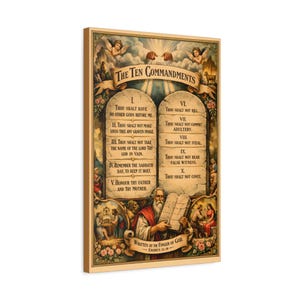 May include: A framed print of the Ten Commandments, featuring ornate scrollwork, cherubs, and biblical figures. The text is displayed in two columns, with each commandment numbered. The artwork has a vintage, religious theme.