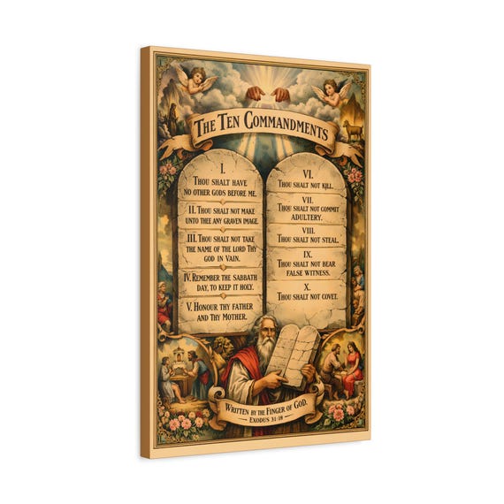 Vintage Ten Commandments Canvas Print, Religious Wall Art, Cherub Floral Accents