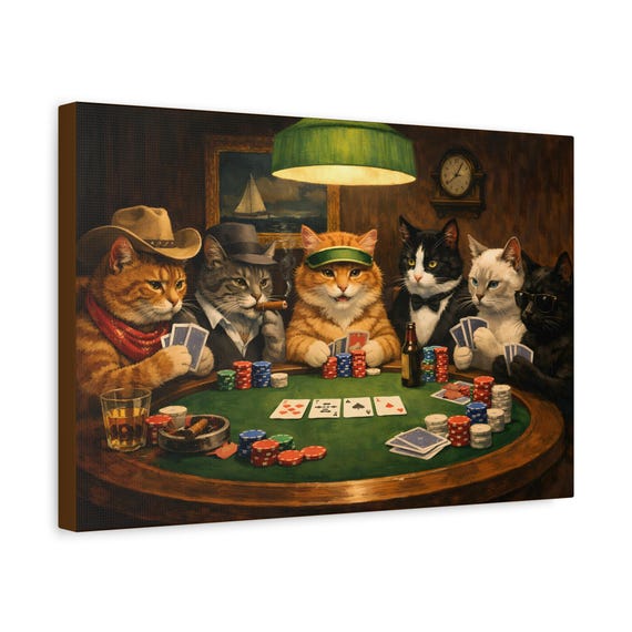 Cats Playing Poker Canvas | Vintage Poker Night Cat Art, Stretched Matte Print