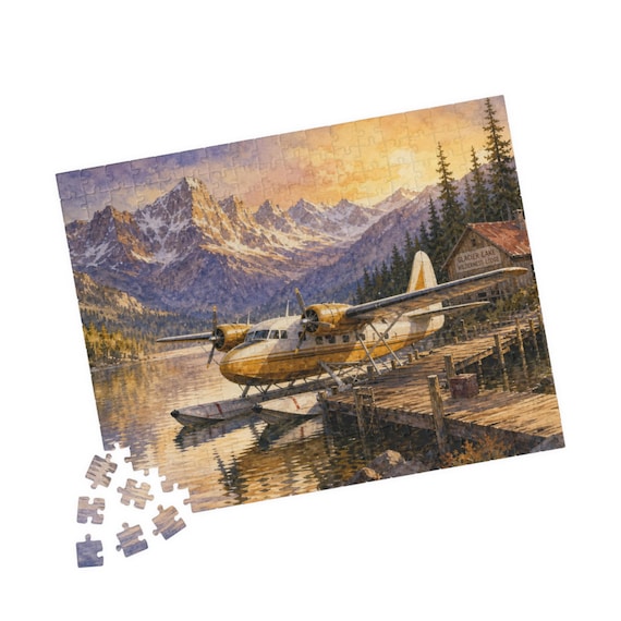 Lakeside Floatplane Sunset Puzzle – Scenic Mountain Cabin Art (110-520 Pieces)