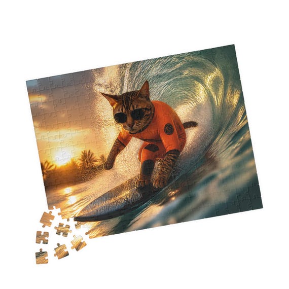 Surfing Cat Jigsaw Puzzle Sunset Ocean Waves Orange Wetsuit Fun Beach Animal Art Gift