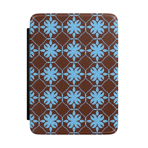 Blue Floral Geometric Kindle Case – Satin PU Leather, Retro Brown Cover