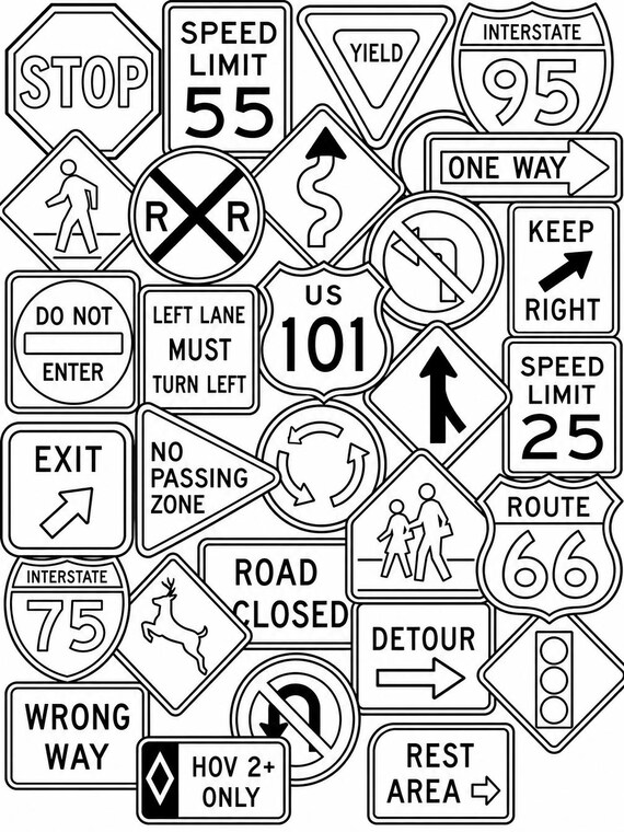 Highway Signs Collage Coloring Page | Road Safety Activity (Digital Download)
