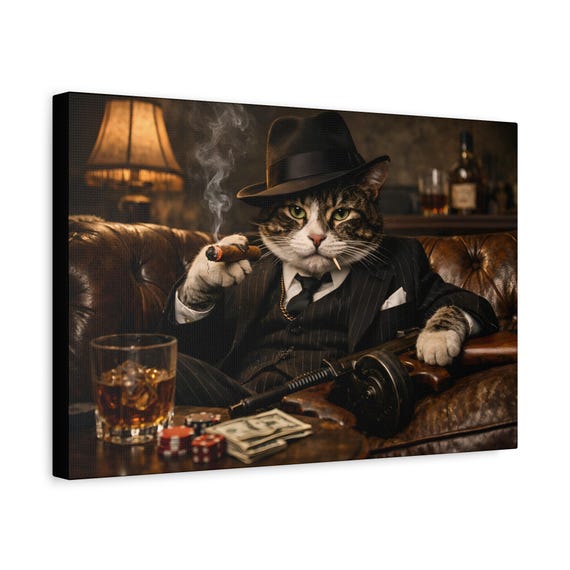 Mafia Cat Smoking Cigar Canvas Print | Gangster Kitty Wall Art | Matte Stretched Vintage Style