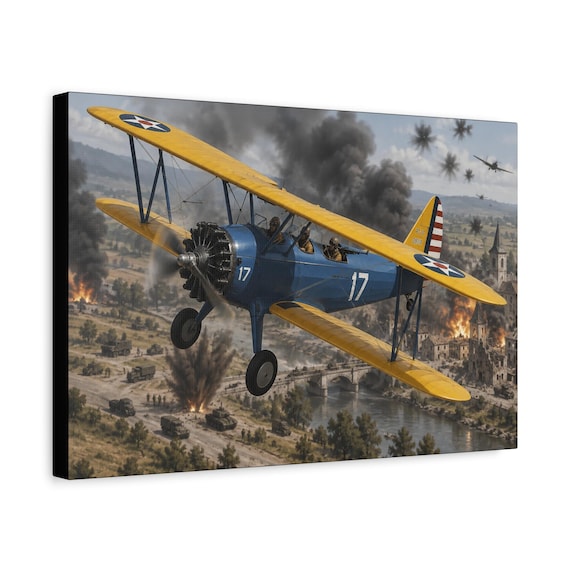 Vintage Stearman PT-17 Biplane Canvas Print, WWII Aviation Wall Art (3 Sizes)