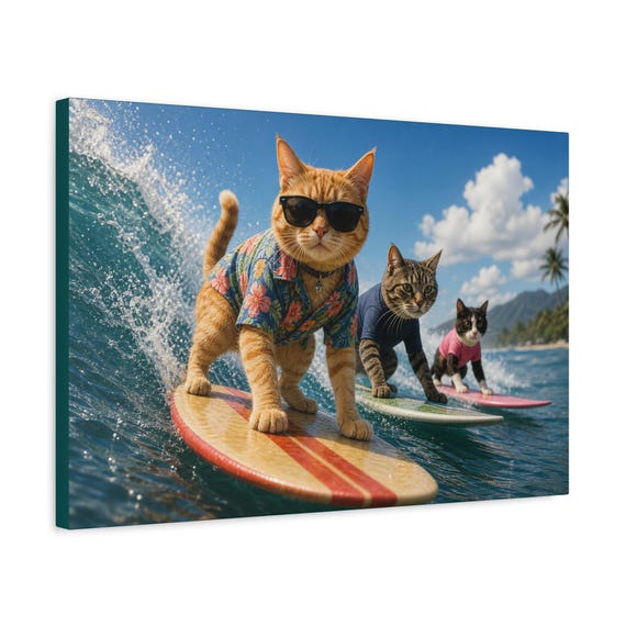 Surfing Cats Canvas Print Framed Wall Art | Funny Beach Decor Ready to Hang