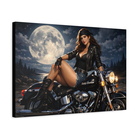 Moonlit Woman on a Harley Davidson Canvas Print | Man Cave Decor | Biker Art