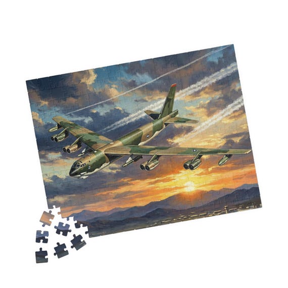 Military B-52 Bomber Aircraft Puzzle, Scenic Sunset Aviation Jigsaw