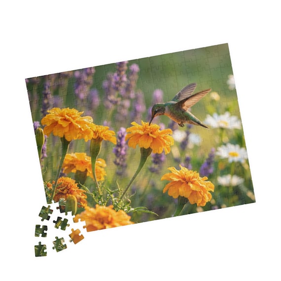 Hummingbird and Marigolds Puzzle | Floral Nature Jigsaw | 110 to 520 Pieces