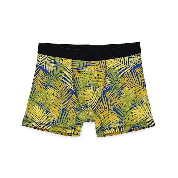 Trendy Men's Boxers - Blue with Yellow Tropical Leaves Print