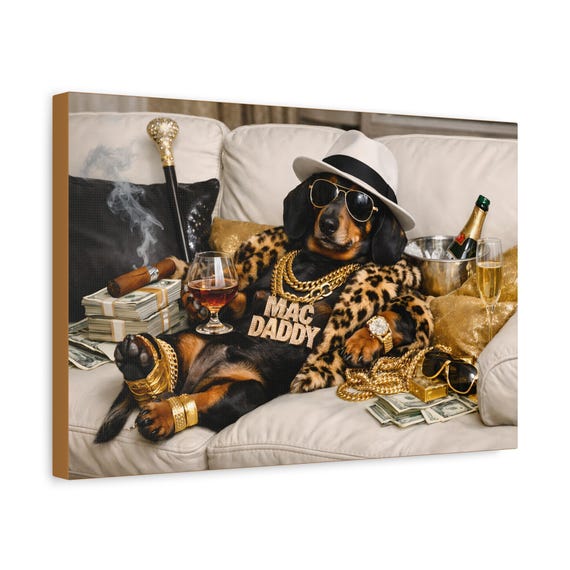 Dapper Dachshund in Leopard Coat Matte Canvas Print | Fun Pet Lover Wall Art