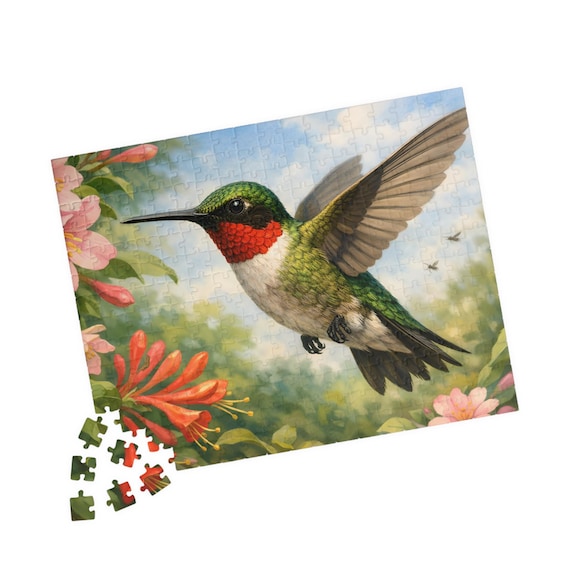 Ruby-throated Hummingbird Puzzle 110, 252, or 520-piece | Floral Nature Illustration