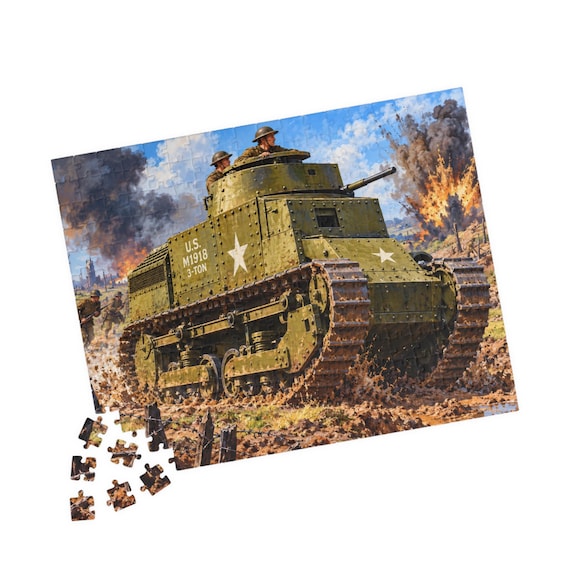 WWI Tank Battlefield Jigsaw Puzzle, World War I Military History Gift, Vintage Tank Art