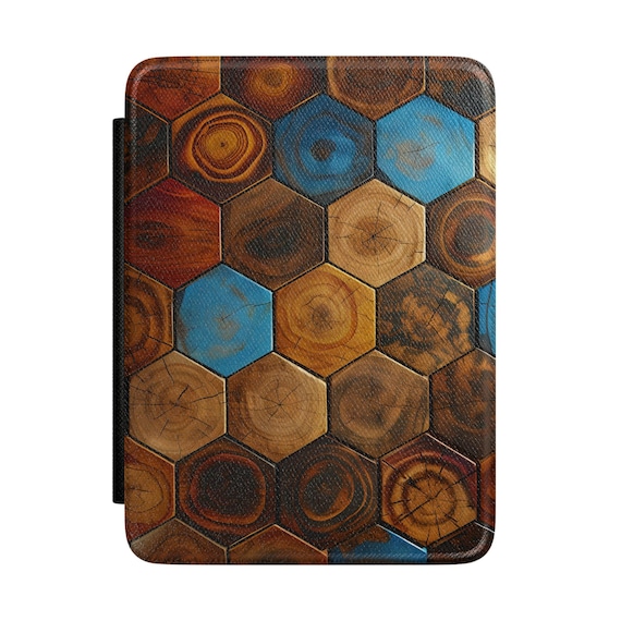 Hexagon Wood Pattern Kindle Case | Rustic Blue Accent | E-Reader Cover Gift