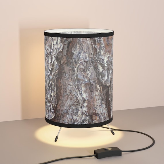 Rustic Tripod Table Lamp with Pine Tree Pattern - Custom Designed Lighting Fixture