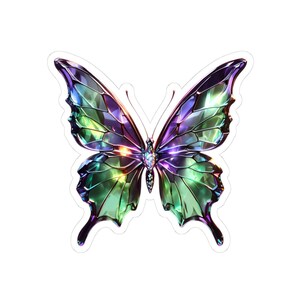 May include: A sticker featuring a detailed illustration of a butterfly. The butterfly has iridescent wings with shades of green, purple, and yellow. The design has a jewel-like appearance, with a white border.