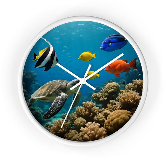 Sea Turtle and Tropical Fish Wall Clock | Coral Reef Ocean Scene