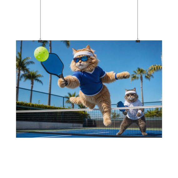 Cats Playing Pickleball Rolled Poster | Funny Sports Cat Wall Art