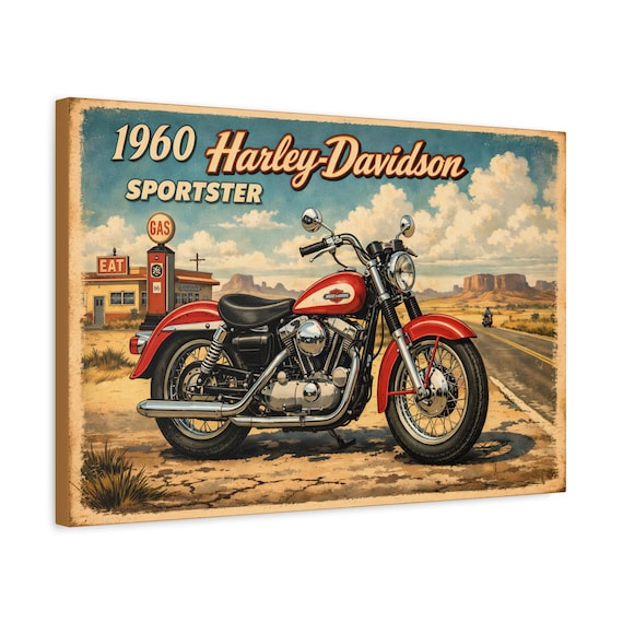 1960 Harley Davidson Sportster Canvas Wall Art - Motorcycle Man Cave Decor Ready to Hang