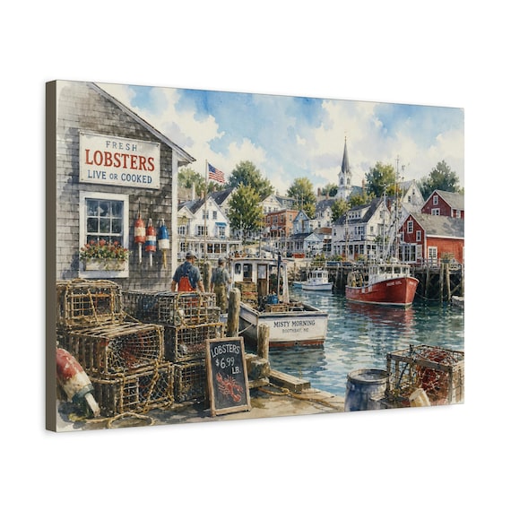 Coastal Lobster Harbor Canvas Print – Nautical Seaside Wall Art (Stretched Pine Frame)