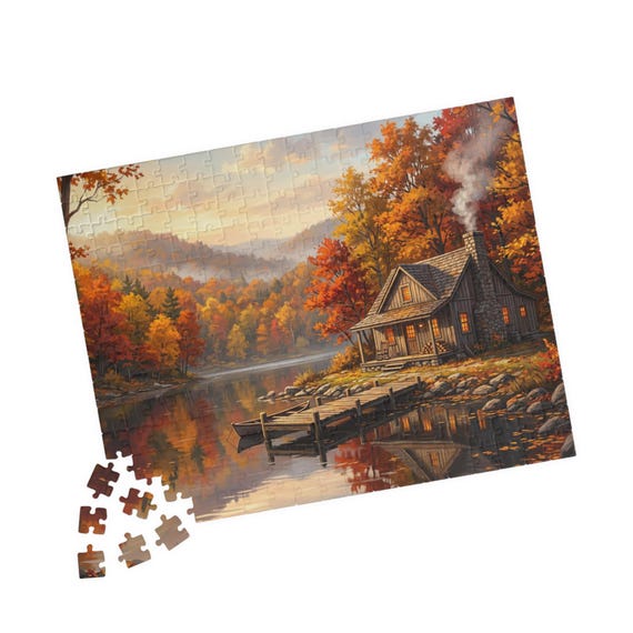 Autumn Lakeside Cabin Puzzle 110 to 520-piece | Fall Scenic Jigsaw | Relaxation Hobby
