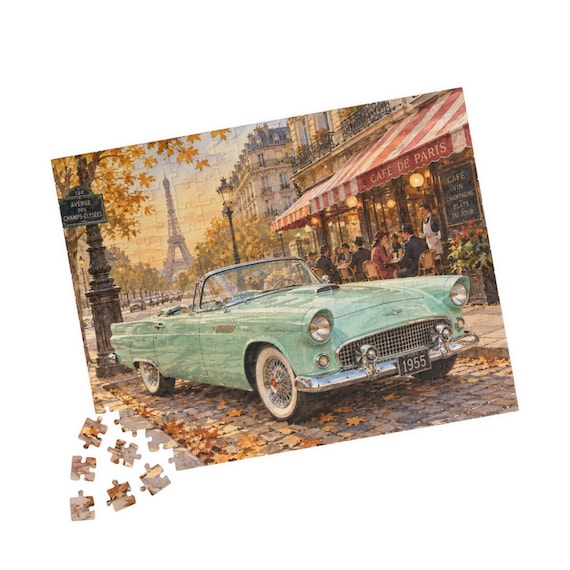 1955 Ford Thunderbird Paris Jigsaw Puzzle | Retro France Cityscape Art (110-520 Pieces)