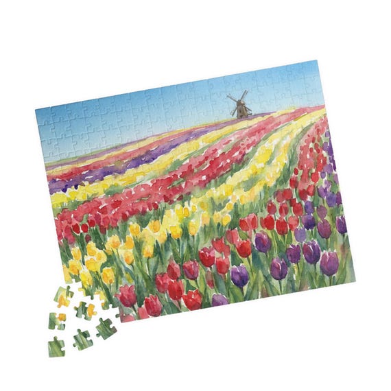 Tulip Field Jigsaw Puzzle – Watercolor Dutch Garden Art (110-520 Pieces)