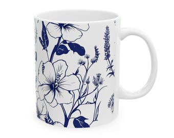 白と青の花柄マグカップ | 陶器製コーヒーカップ - Etsy 日本