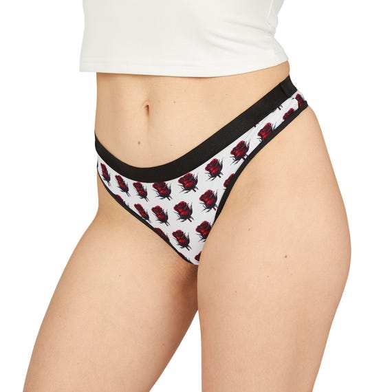 Flirty White Thong Underwear with Red Rose Pattern - Floral Intimates
