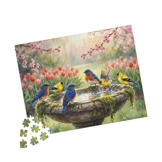 Songbirds on Birdbath Puzzle | Spring Tulips & Cherry Blossoms Jigsaw