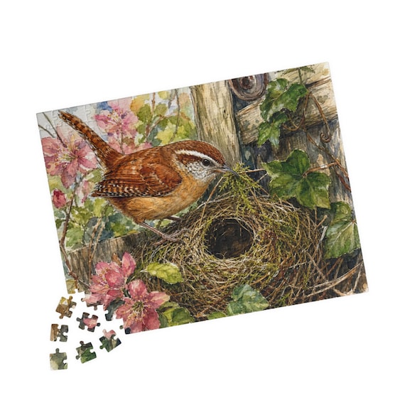 Carolina Wren Nest Puzzle – Watercolor Nature Art (110-520 Pieces)